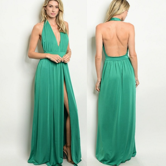 Green Double Slit Open Back Formal Dress - Picture 2 of 6
